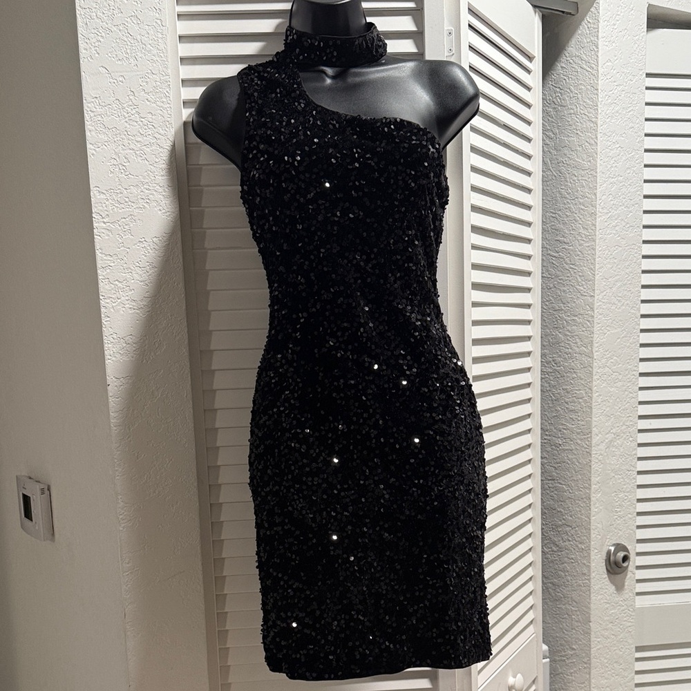 NYE One-Shoulder Black Sequin Dress